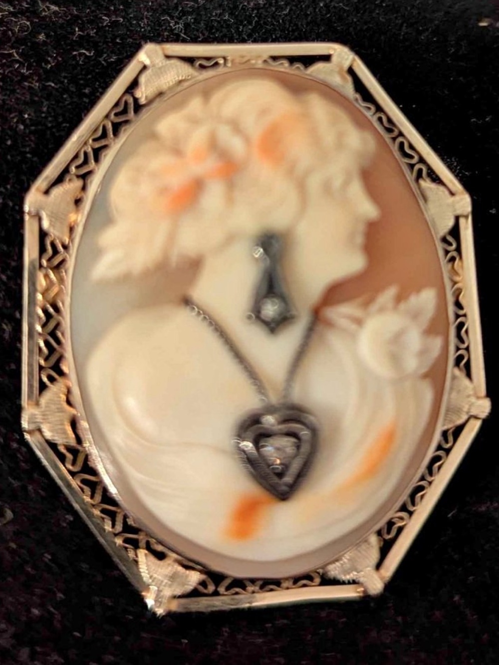 14k White Gold Vintage Double Diamond Carved Cameo Brooch